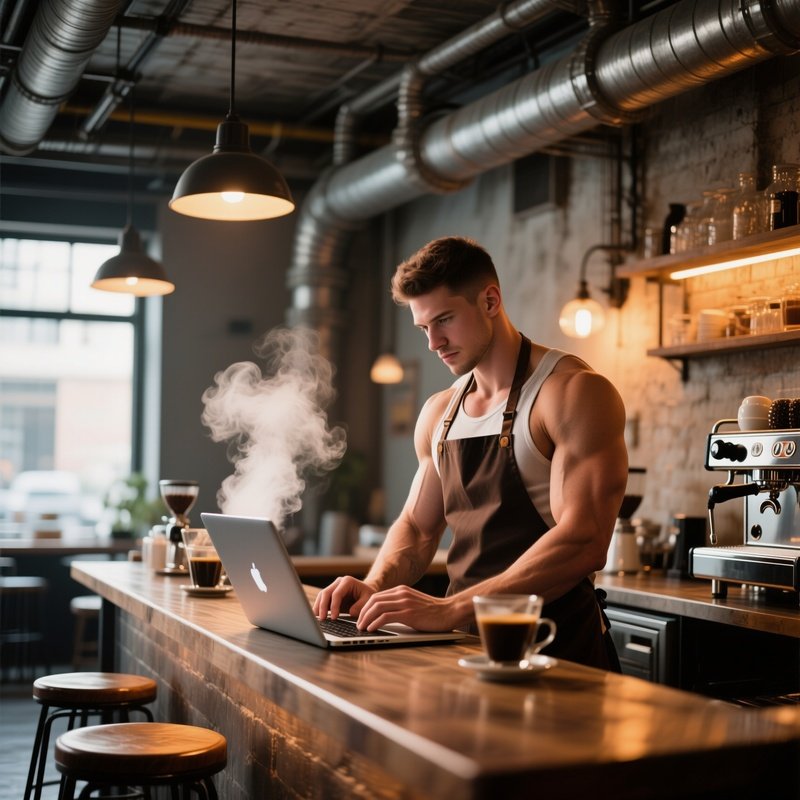 An Industrial Chic Cafe With Exposed Pipes, A Muscular Barista‑Coder Wearing An Apron Over A Tank