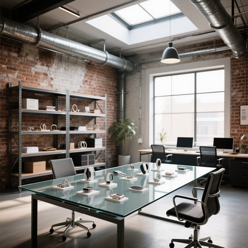 An Industrial Chic Office Space With Exposed Brick Walls, Metal Pipe Shelving, And A Large Glass