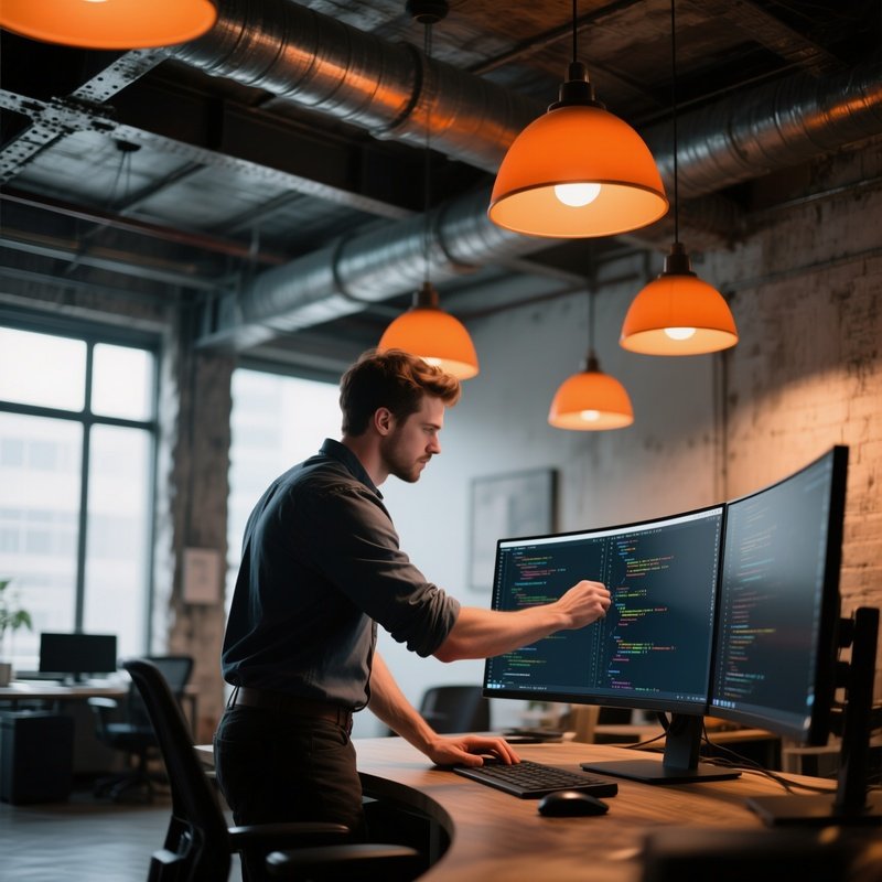 An Industrial Chic Office With Exposed Steel Beams, A Fit Developer In Rolled‑Up Sleeves Adjusting