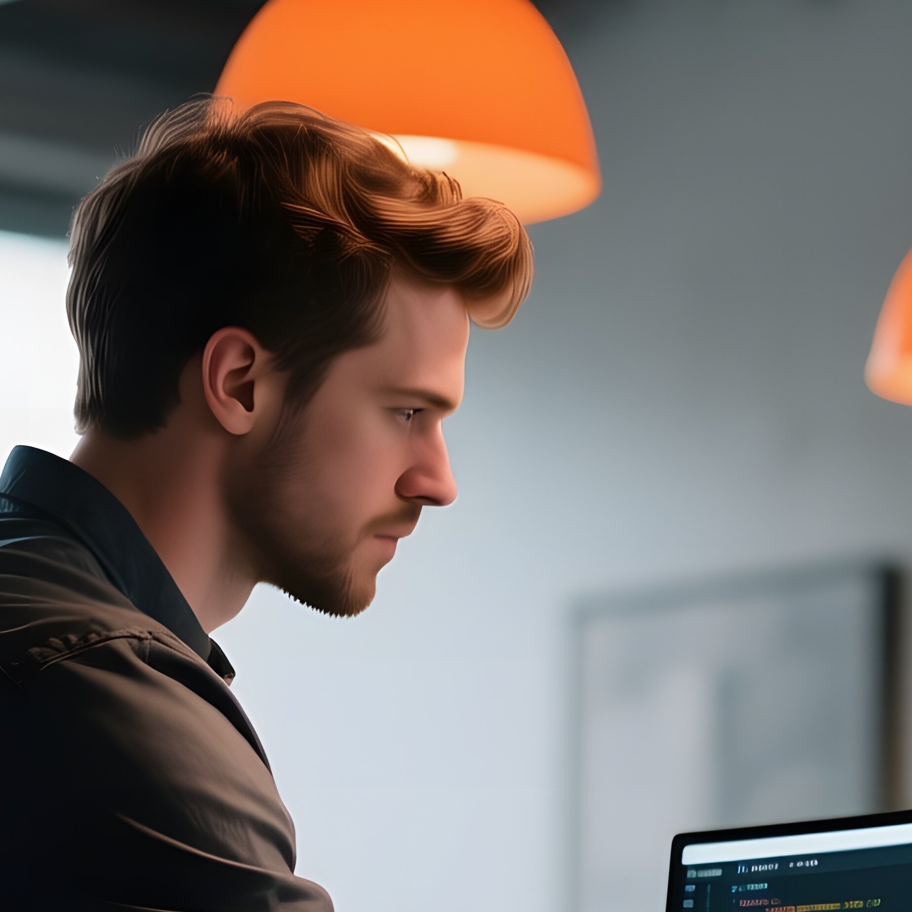 An Industrial Chic Office With Exposed Steel Beams, A Fit Developer In Rolled‑Up Sleeves Adjusting - Full Resolution Quality Preview