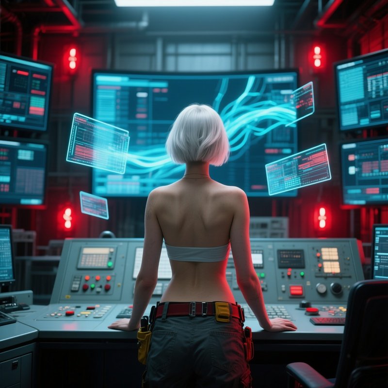 An Industrial Control Room With Massive Screens, A Focused Engineer With Short Platinum Hair Stands