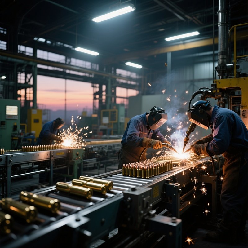 An Industrial Factory Floor At Dusk, Conveyor Belts Moving Metallic Casings Past Welding Stations,