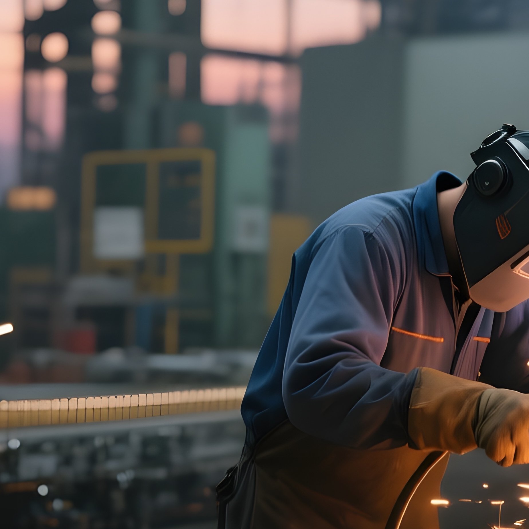An Industrial Factory Floor At Dusk, Conveyor Belts Moving Metallic Casings Past Welding Stations, - Full Resolution Quality Preview