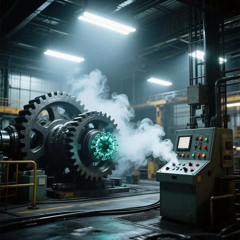 An Industrial Factory Floor Under Harsh White Floodlights, Massive Gears Turning While Digital