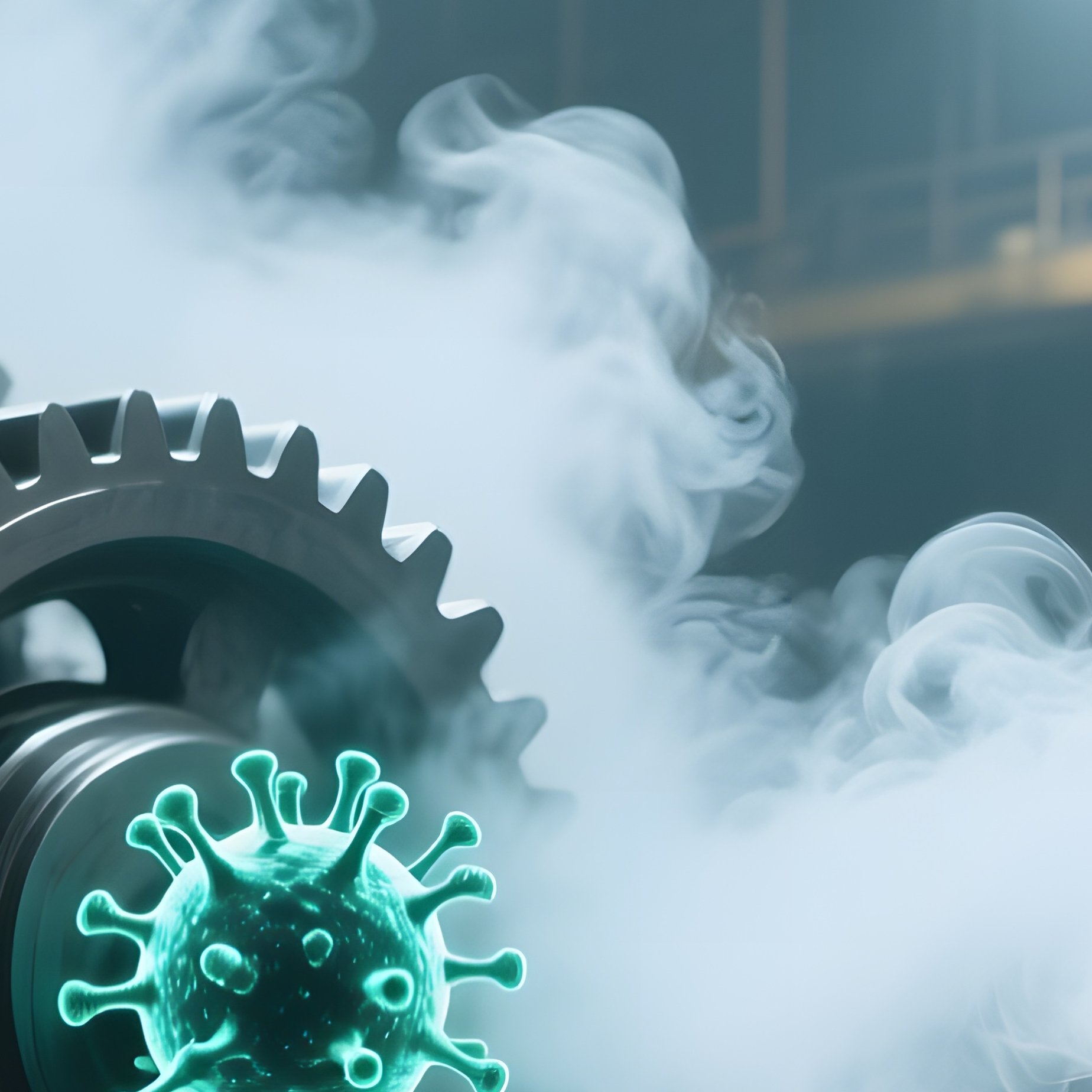 An Industrial Factory Floor Under Harsh White Floodlights, Massive Gears Turning While Digital - Full Resolution Quality Preview