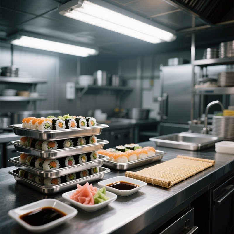 An Industrial Kitchen Prep Area Under Fluorescent Lights, Featuring Stainless Steel Trays Stacked