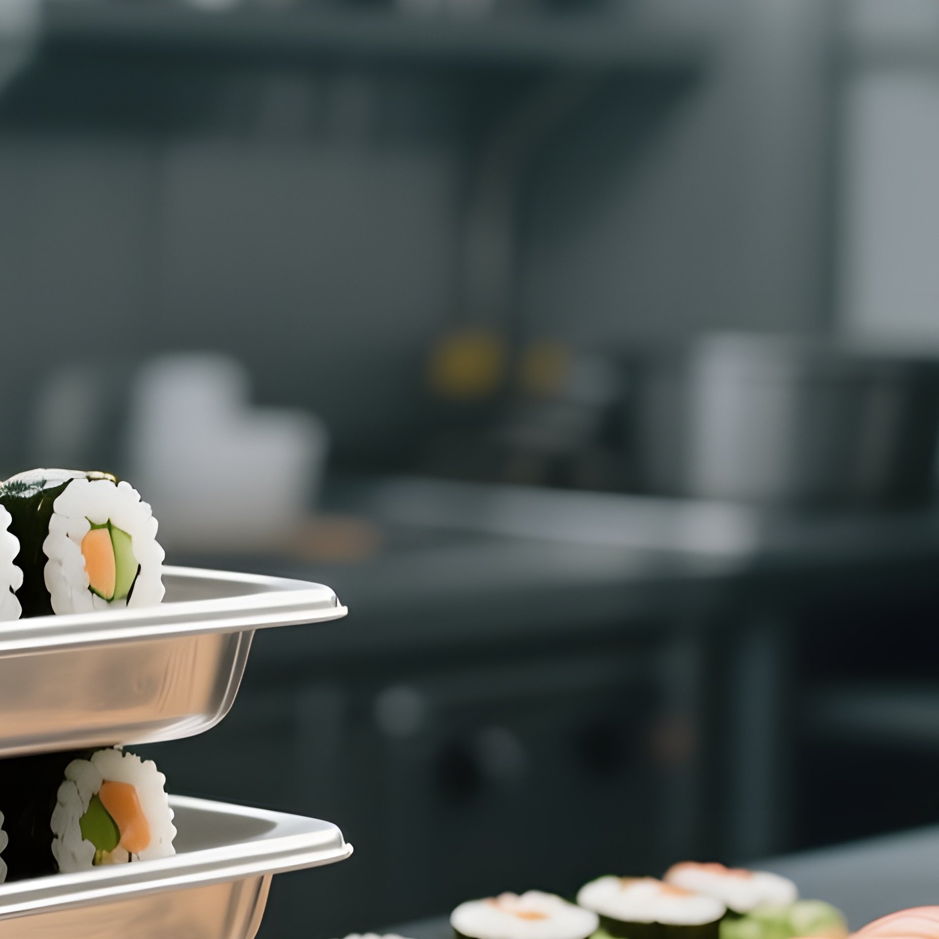 An Industrial Kitchen Prep Area Under Fluorescent Lights, Featuring Stainless Steel Trays Stacked - Full Resolution Quality Preview