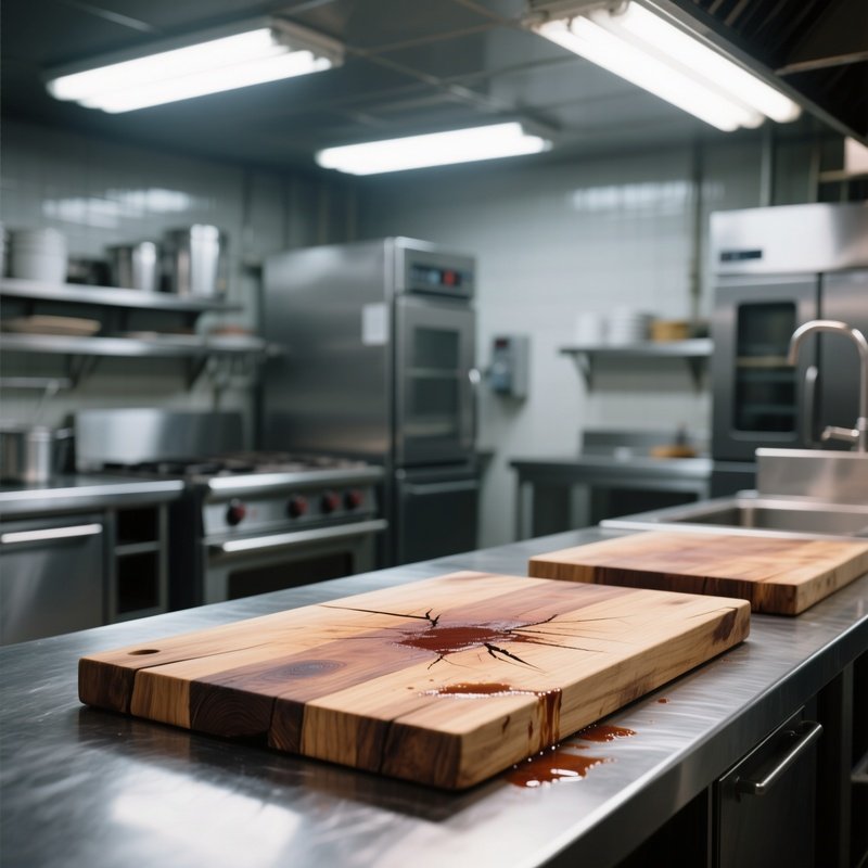 An Industrial Kitchen With Stainless Steel Counters Beside Reclaimed Wood Butcher Blocks, The Wood