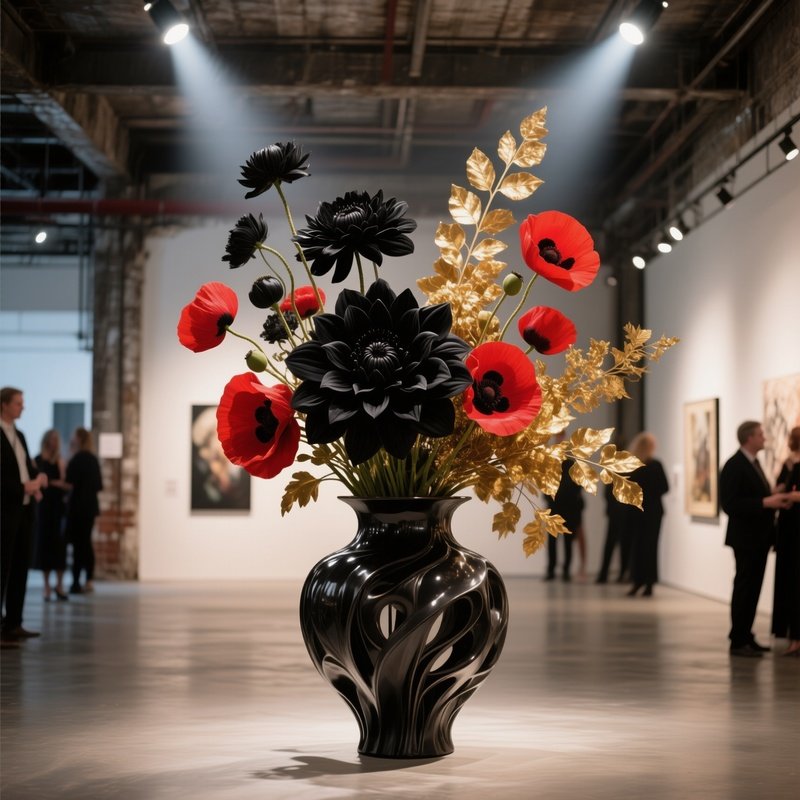 An Industrial Loft Art Gallery Opening Night, Where A Large Sculptural Vase Holds A Dramatic