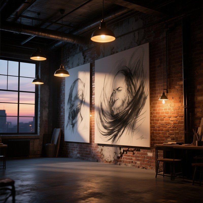 An Industrial Loft At Dusk With Large Scale Charcoal Drawings On Exposed Brick Walls, Illuminated