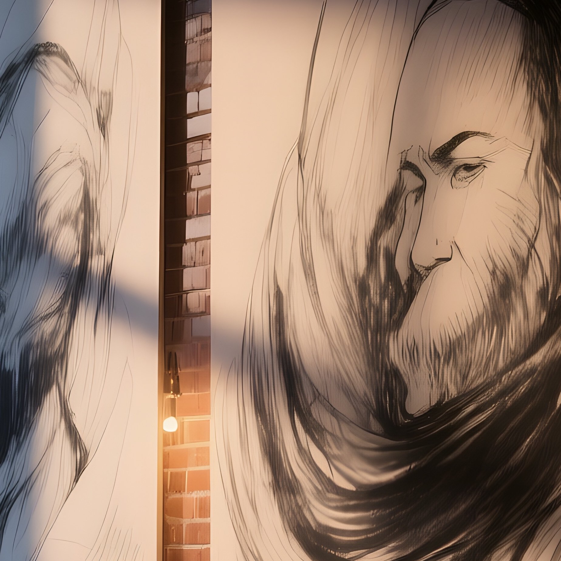 An Industrial Loft At Dusk With Large Scale Charcoal Drawings On Exposed Brick Walls, Illuminated - Full Resolution Quality Preview