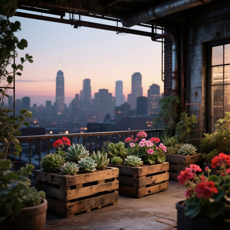 An Industrial Loft Balcony Garden With Reclaimed Wooden Crates Holding Succulents And Blooming
