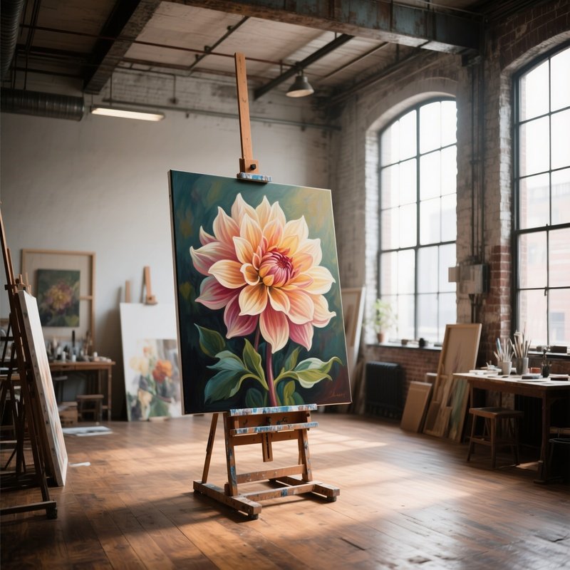An Industrial Loft Converted Into An Art Studio, Large Canvas Displaying A Hyper‑Realistic Painting