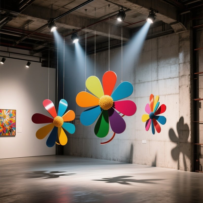 An Industrial Loft Gallery Featuring Suspended Kinetic Sculptures Of Rotating Pop‑Art Flowers In