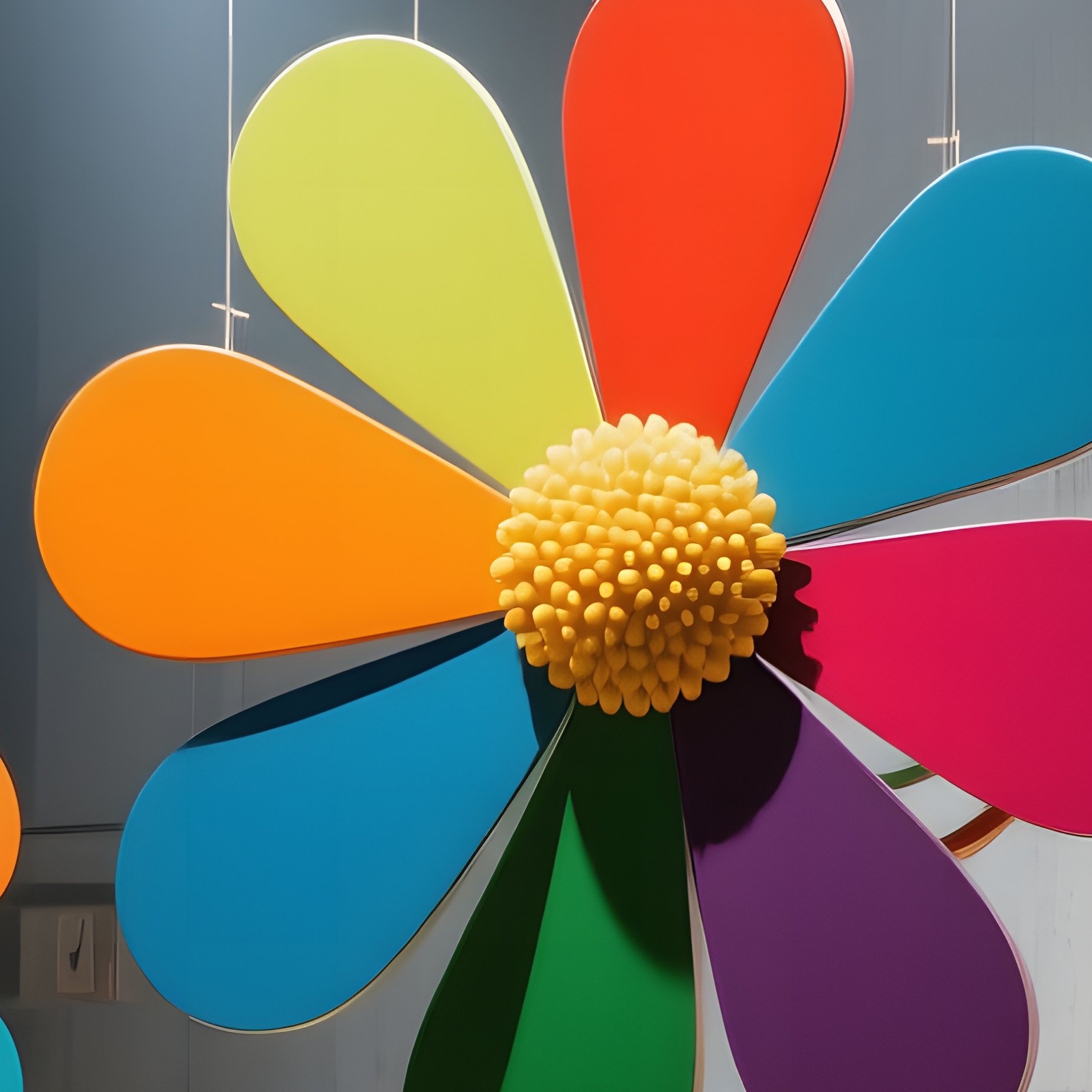 An Industrial Loft Gallery Featuring Suspended Kinetic Sculptures Of Rotating Pop‑Art Flowers In - Full Resolution Quality Preview