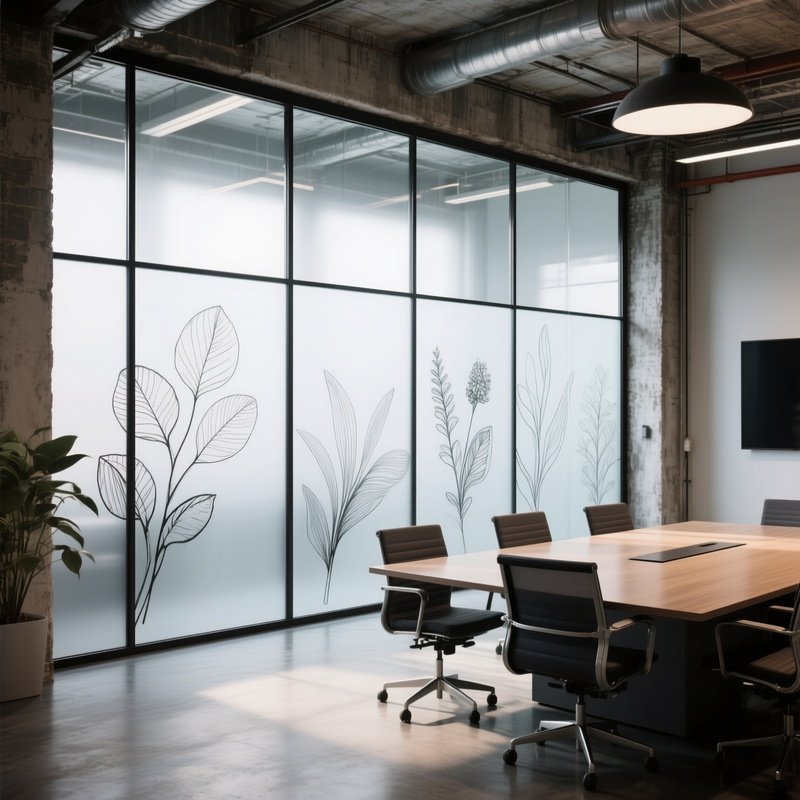 An Industrial Loft Office Space, Conference Room Walls Covered In Large Frosted Glass Panels