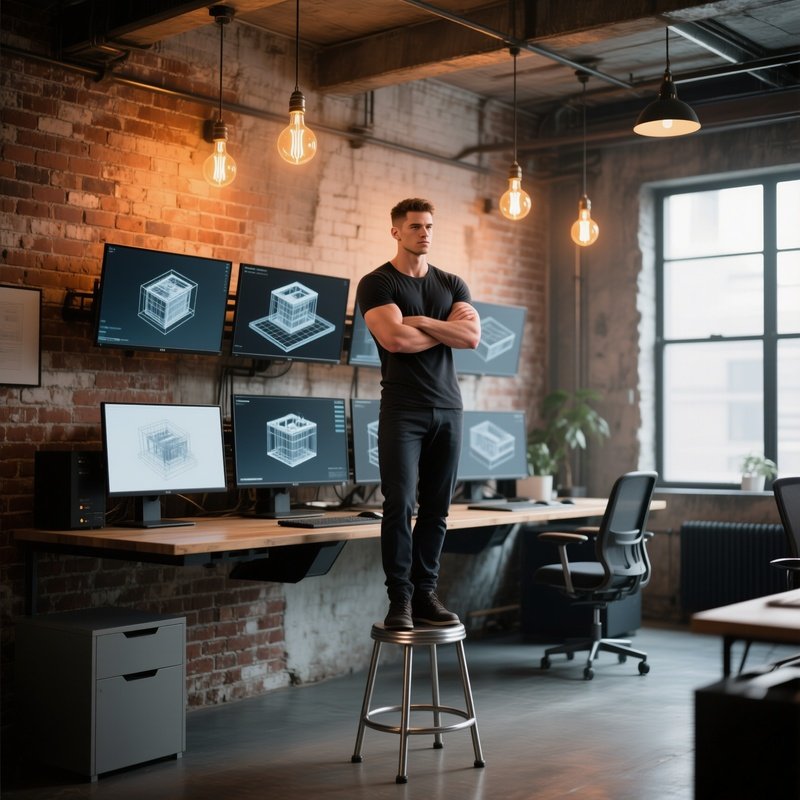 An Industrial Loft Office With Exposed Brick Walls, A Six‑Pack Male Model Standing On A Metal