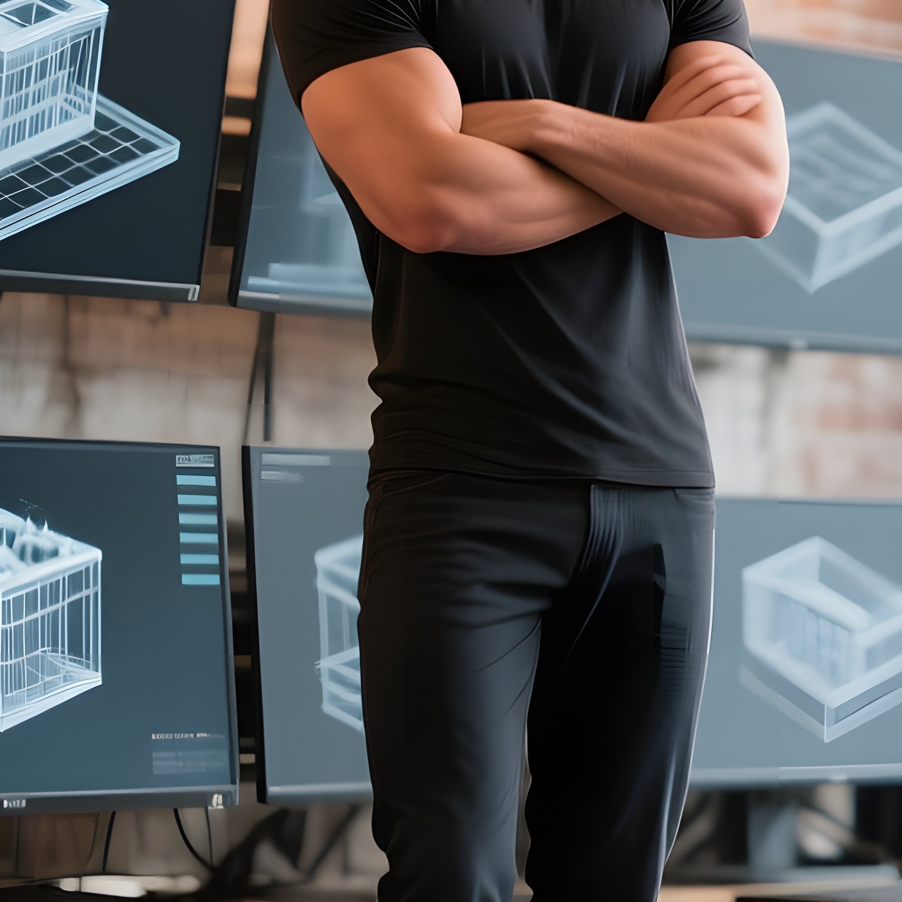 An Industrial Loft Office With Exposed Brick Walls, A Six‑Pack Male Model Standing On A Metal - Full Resolution Quality Preview
