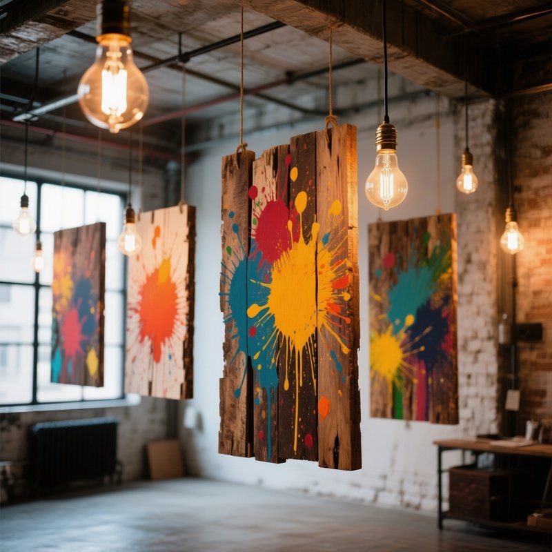 An Industrial Loft Space With Suspended Hanging Canvases Made Of Reclaimed Wood, Each Painted With