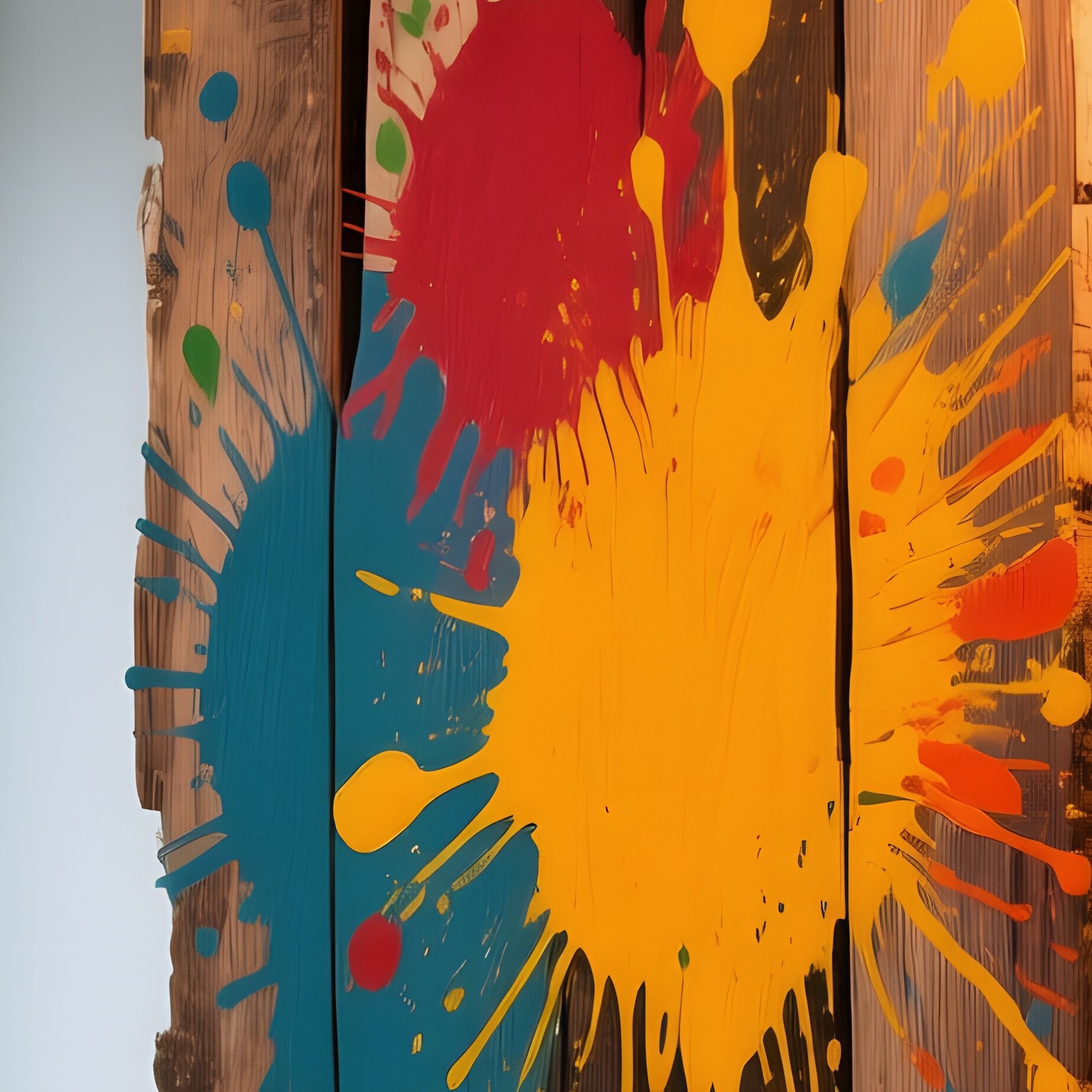 An Industrial Loft Space With Suspended Hanging Canvases Made Of Reclaimed Wood, Each Painted With - Full Resolution Quality Preview