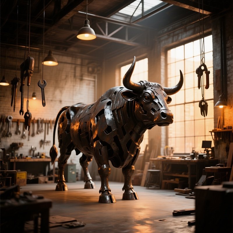 An Industrial Loft Studio Where A Massive Iron Sculpture Of A Bull Stands Amid Hanging Tools, Warm