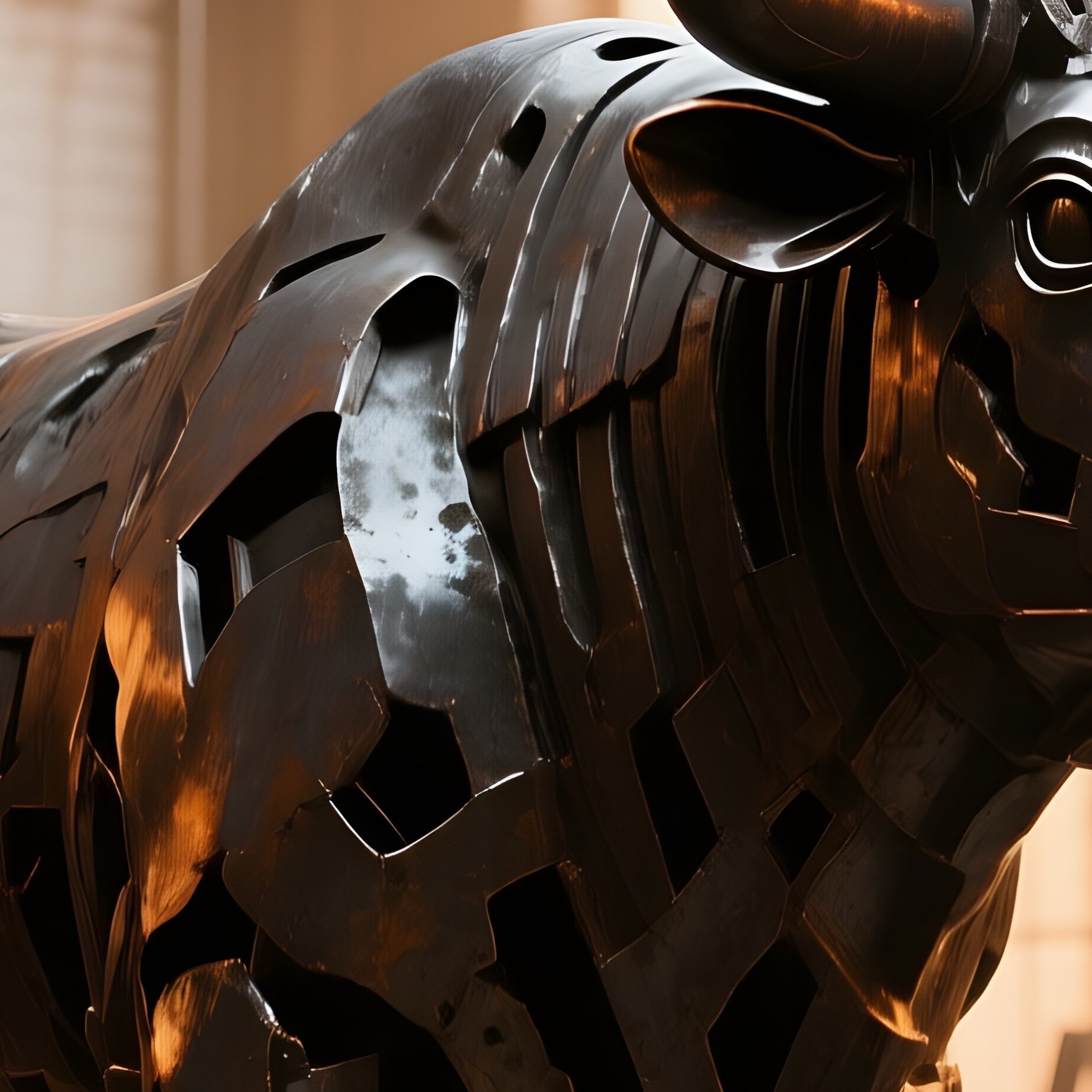 An Industrial Loft Studio Where A Massive Iron Sculpture Of A Bull Stands Amid Hanging Tools, Warm - Full Resolution Quality Preview