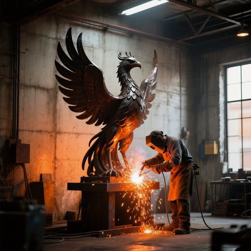 An Industrial Loft Where A Sculptor Welds Glowing Orange Sparks Onto A Large Iron Figure Of A
