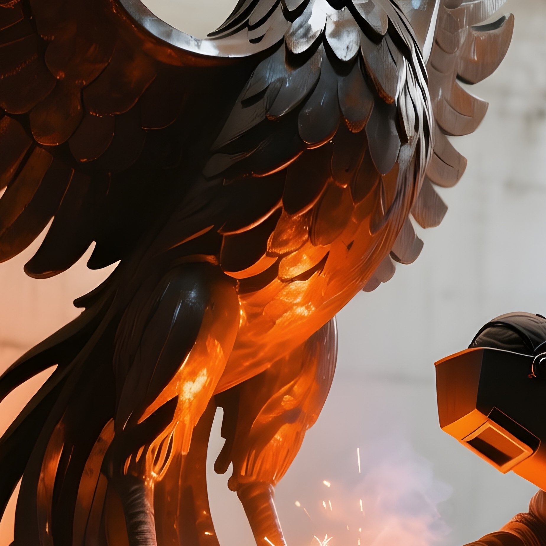 An Industrial Loft Where A Sculptor Welds Glowing Orange Sparks Onto A Large Iron Figure Of A - Full Resolution Quality Preview