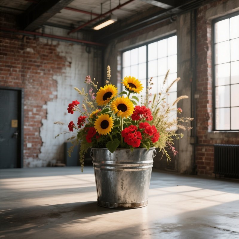 An Industrial Loft With Exposed Brick Walls And Large Windows, Featuring An Oversized Metal Bucket