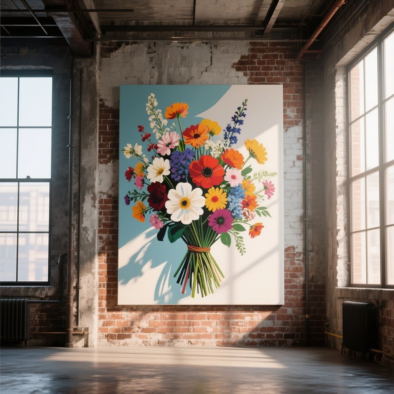 An Industrial Loft With Exposed Brick Walls, Large Canvas Featuring A Hyper‑Realistic Pop‑Art