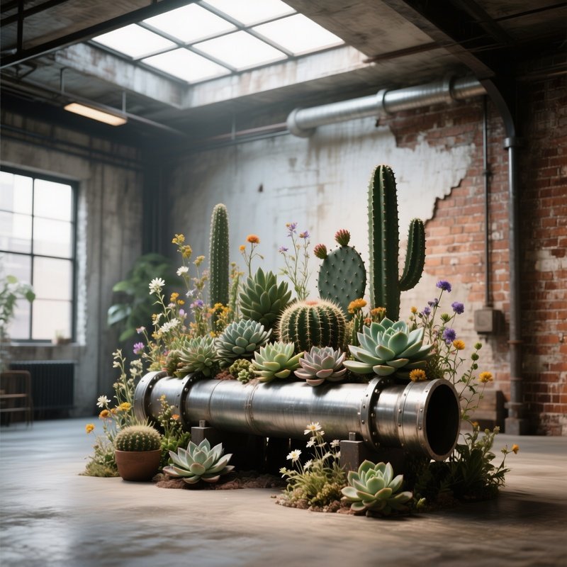 An Industrial Loft With Exposed Brick Walls, Where A Large Metal Pipe Serves As A Stand For An