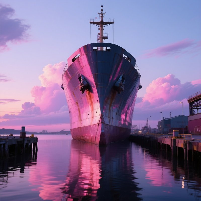 An Industrial Pier At Dusk With A Towering Steel Ship’S Bow Sculpture, Its Surface Reflecting Pink