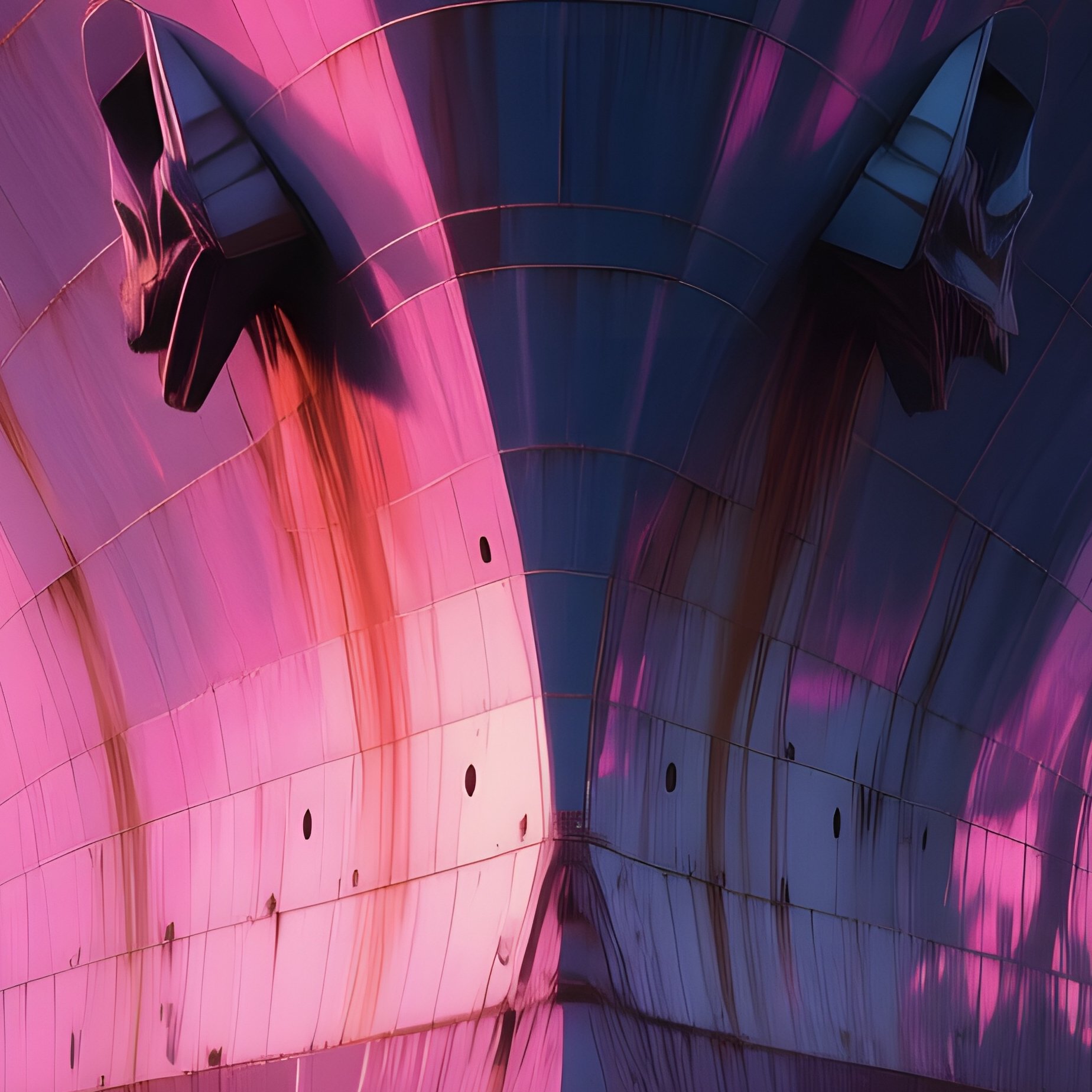 An Industrial Pier At Dusk With A Towering Steel Ship’S Bow Sculpture, Its Surface Reflecting Pink - Full Resolution Quality Preview