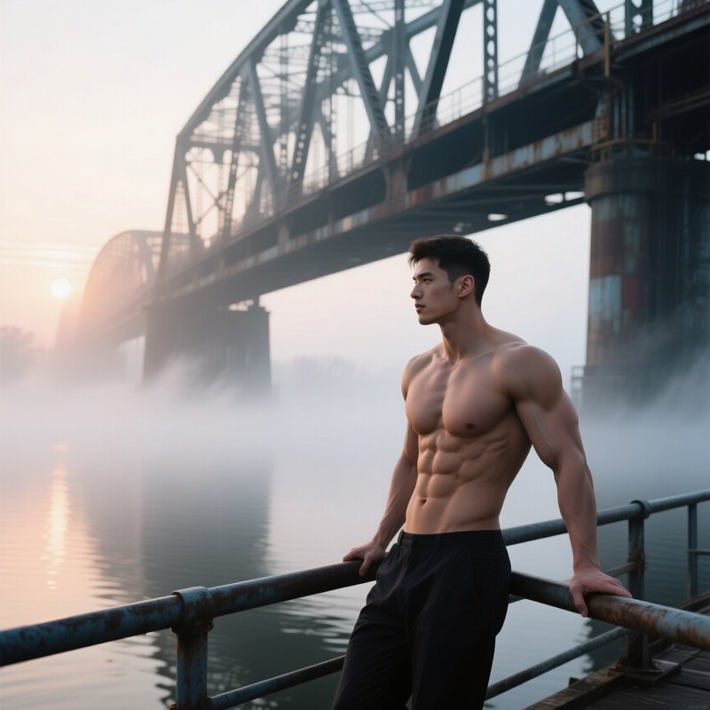 An Industrial Steel Bridge Over Foggy Water, A Muscular Male Leaning Against Railings, Cold Mist