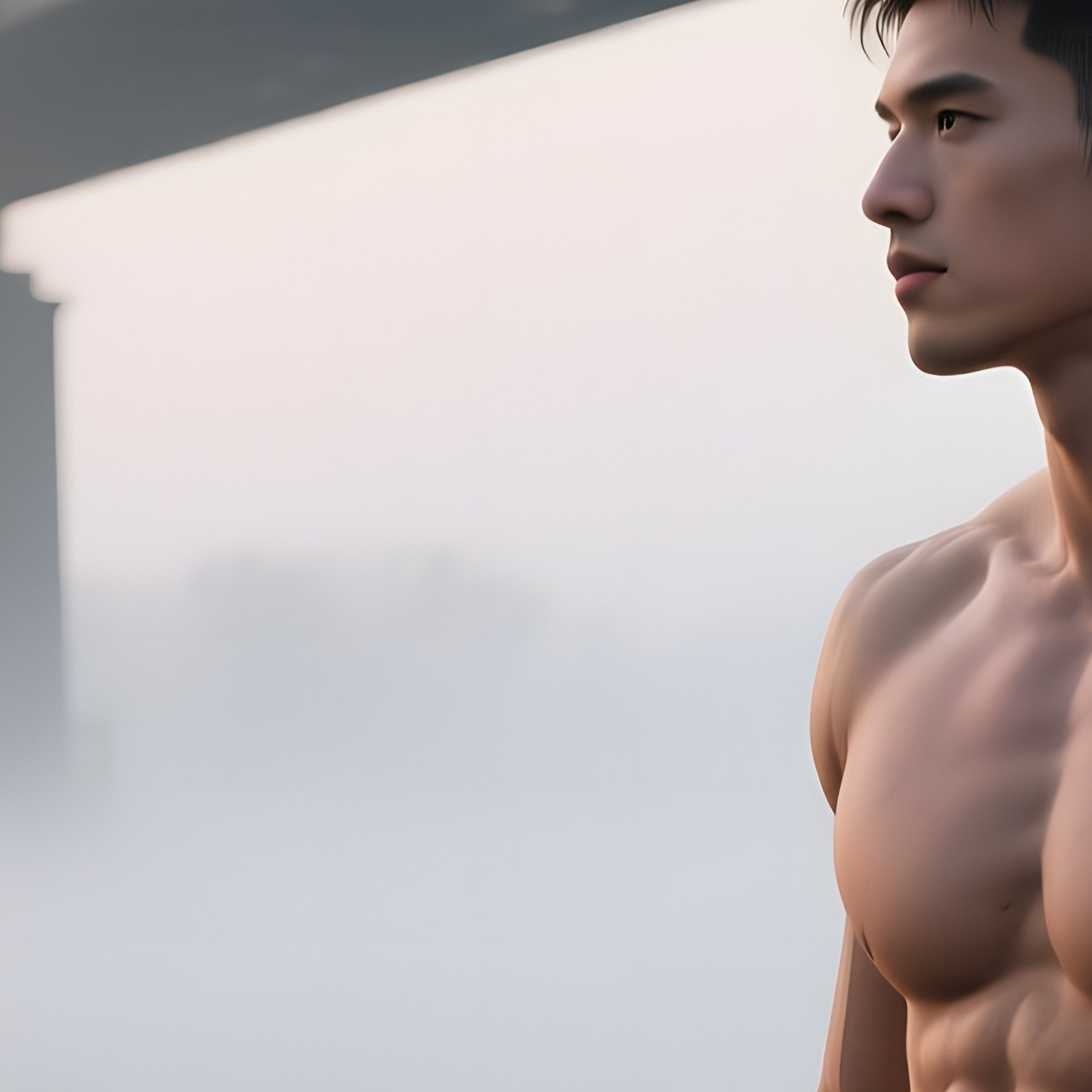 An Industrial Steel Bridge Over Foggy Water, A Muscular Male Leaning Against Railings, Cold Mist - Full Resolution Quality Preview
