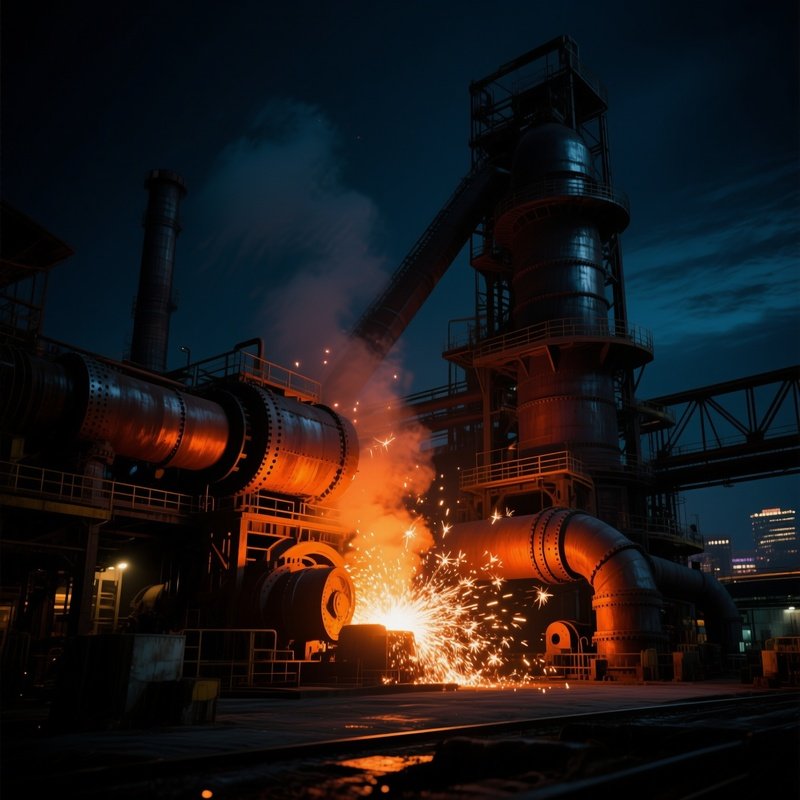 An Industrial Steel Mill At Night In Pittsburgh, Orange Furnace Glow Illuminating Massive