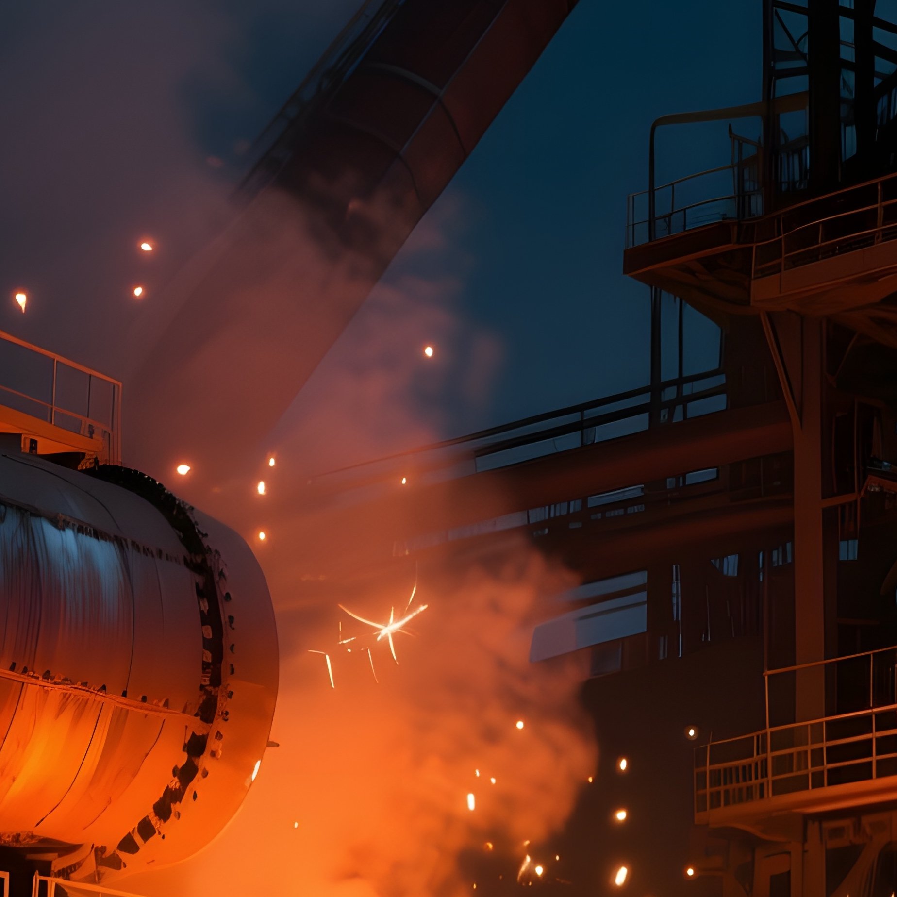 An Industrial Steel Mill At Night In Pittsburgh, Orange Furnace Glow Illuminating Massive - Full Resolution Quality Preview