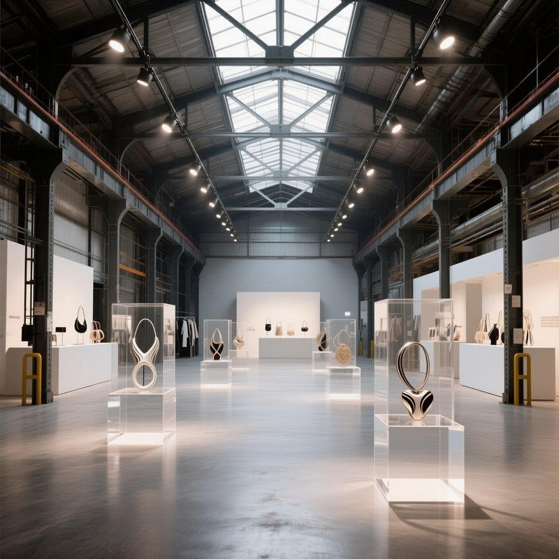 An Industrial Warehouse Converted Into A Pop‑Up Design Showroom, With High Vaulted Ceilings,