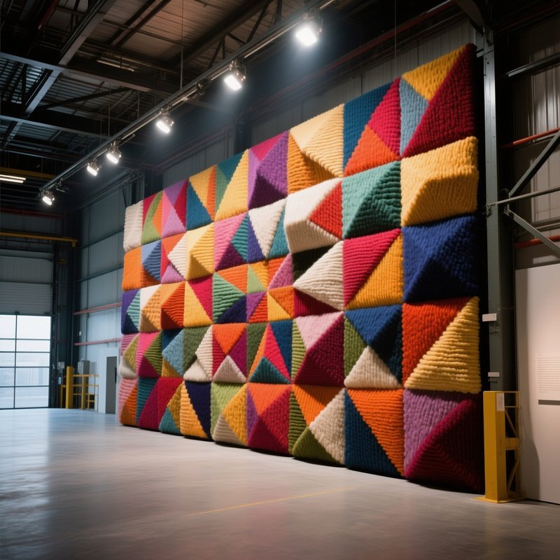 An Industrial Warehouse Converted Into An Exhibition Space, Where A Massive Wall‑To‑Wall Collage Of