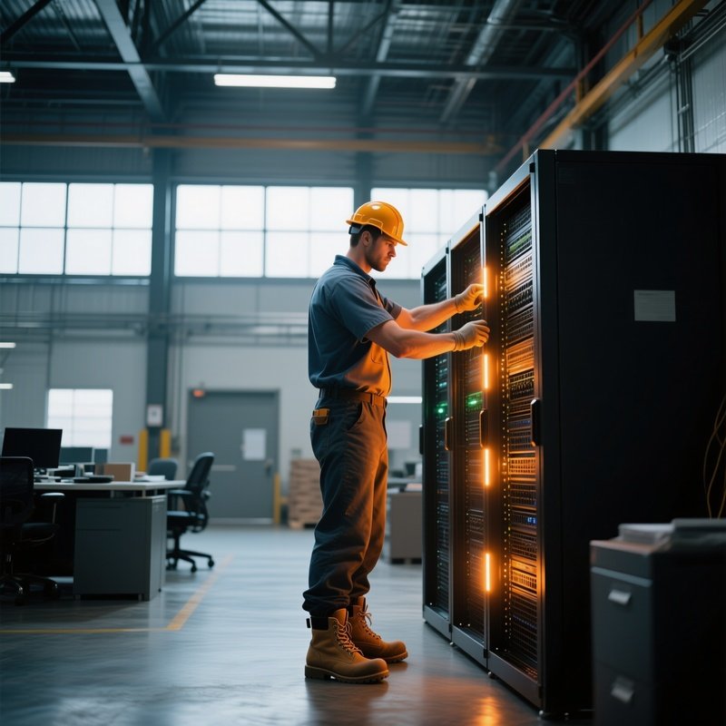 An Industrial Warehouse Office With High Ceilings, Large Metal Windows, A Six‑Pack Worker In Work