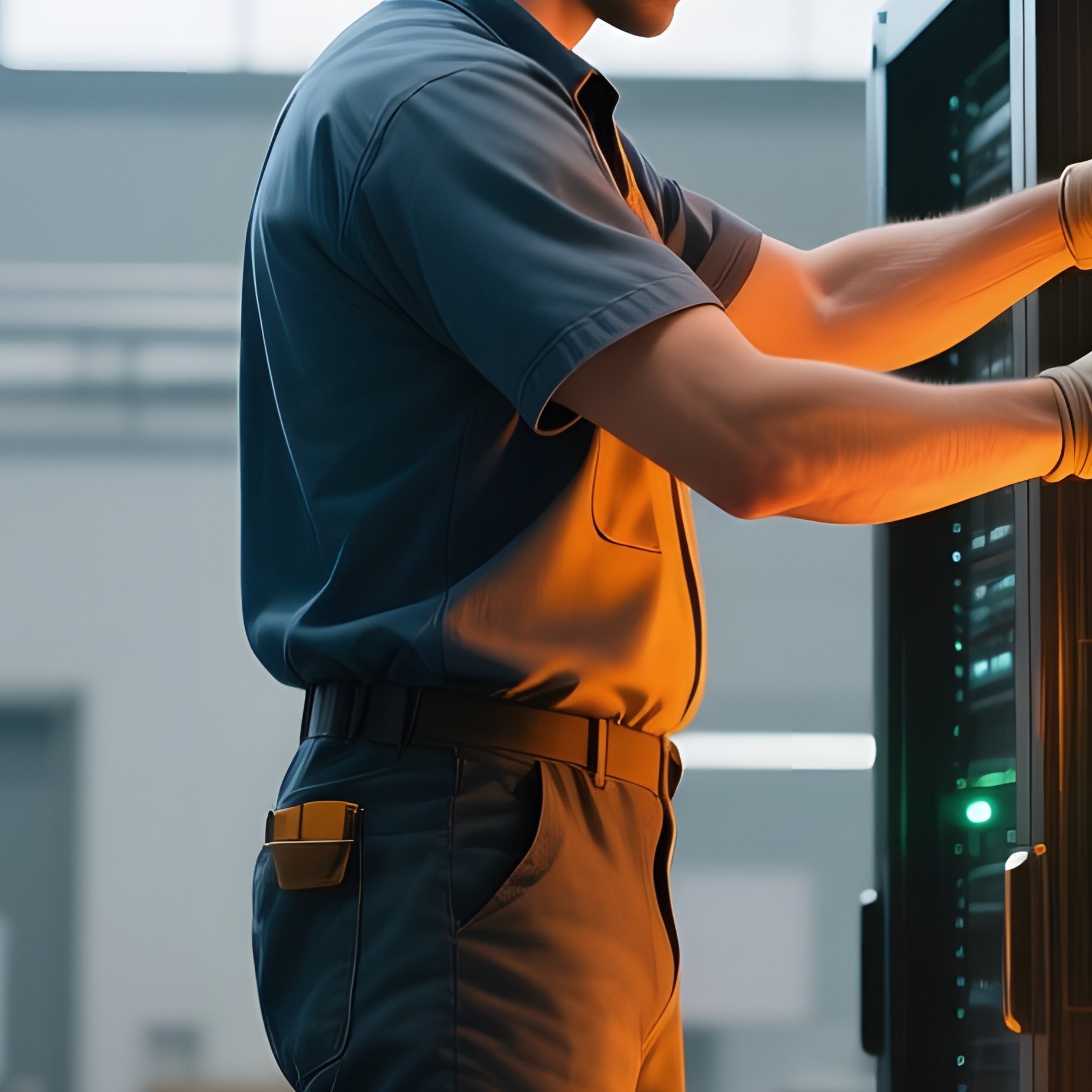An Industrial Warehouse Office With High Ceilings, Large Metal Windows, A Six‑Pack Worker In Work - Full Resolution Quality Preview