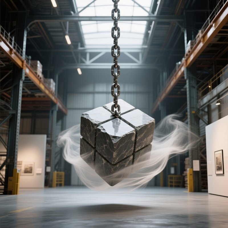 An Industrial Warehouse Transformed Into An Exhibition Space, Featuring A Suspended Chain Of Heavy