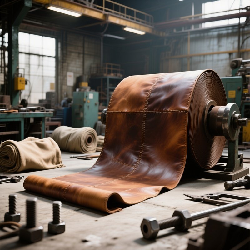 An Industrial Workshop At Midday, A Massive Leather Roll Unfurled On Concrete, Surrounded By Bolts
