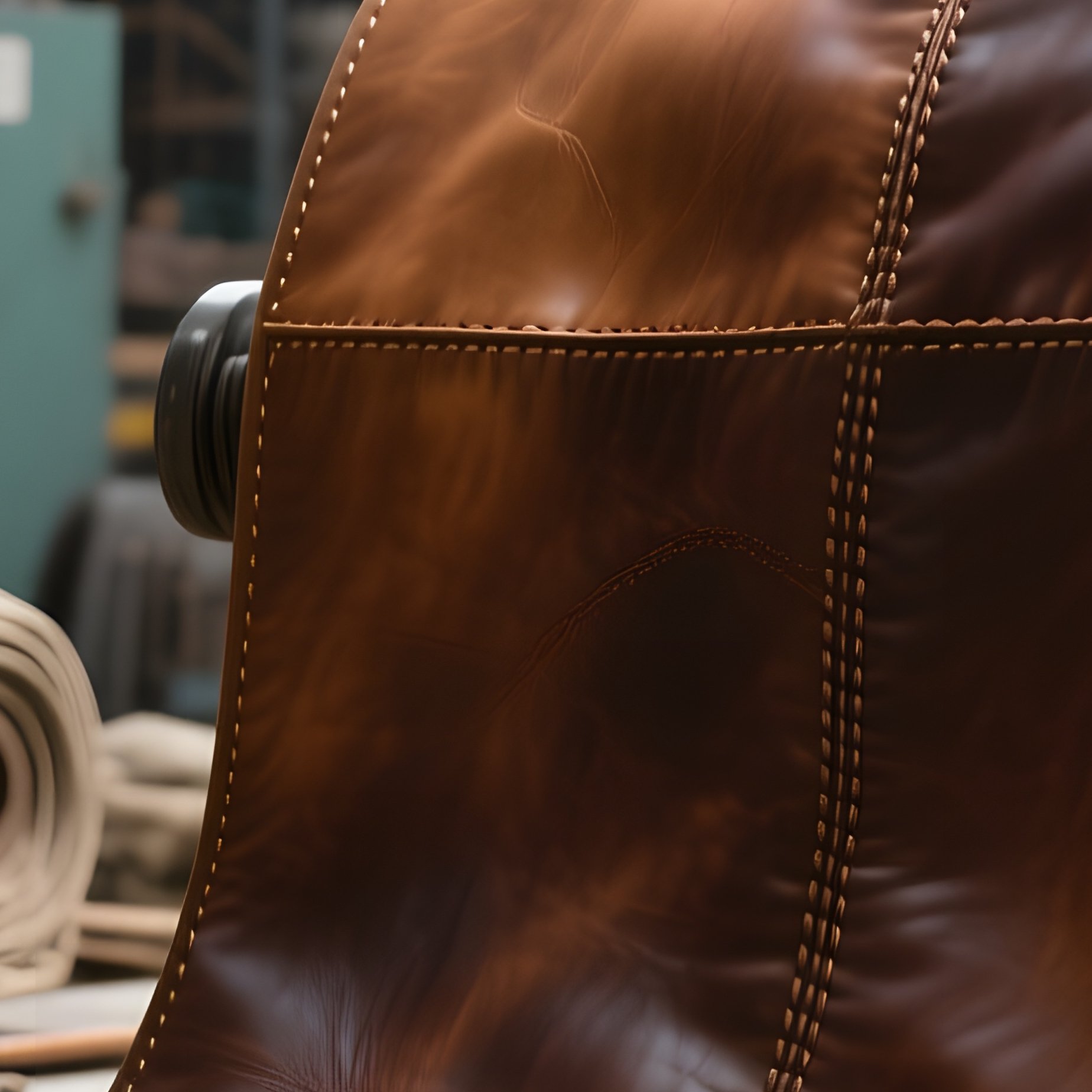 An Industrial Workshop At Midday, A Massive Leather Roll Unfurled On Concrete, Surrounded By Bolts - Full Resolution Quality Preview