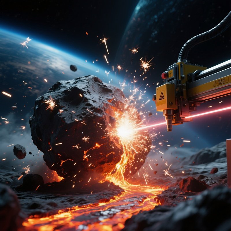 An Intense Action Shot Of A Laser Cutter Slicing Through A Massive Asteroid, Sparks Flying And