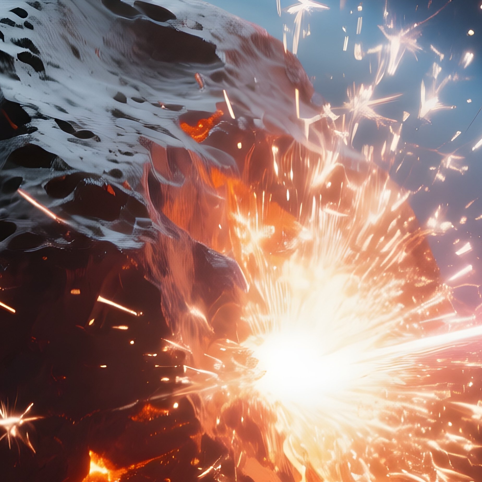 An Intense Action Shot Of A Laser Cutter Slicing Through A Massive Asteroid, Sparks Flying And - Full Resolution Quality Preview