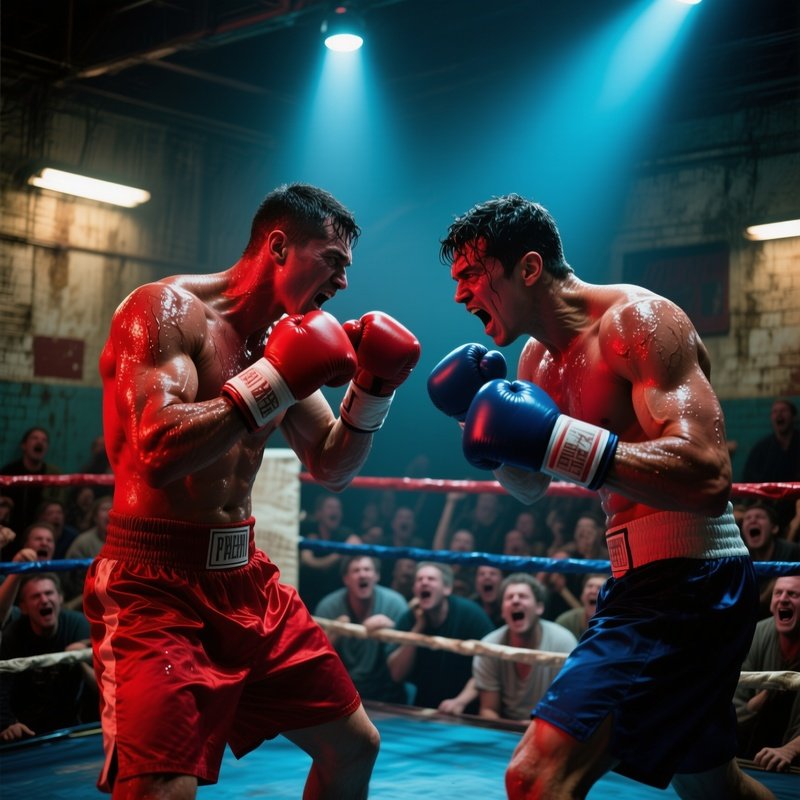 An Intense Boxing Match In An Old Gym, Sweat Glistening On Muscles Rendered In Vivid Reds And