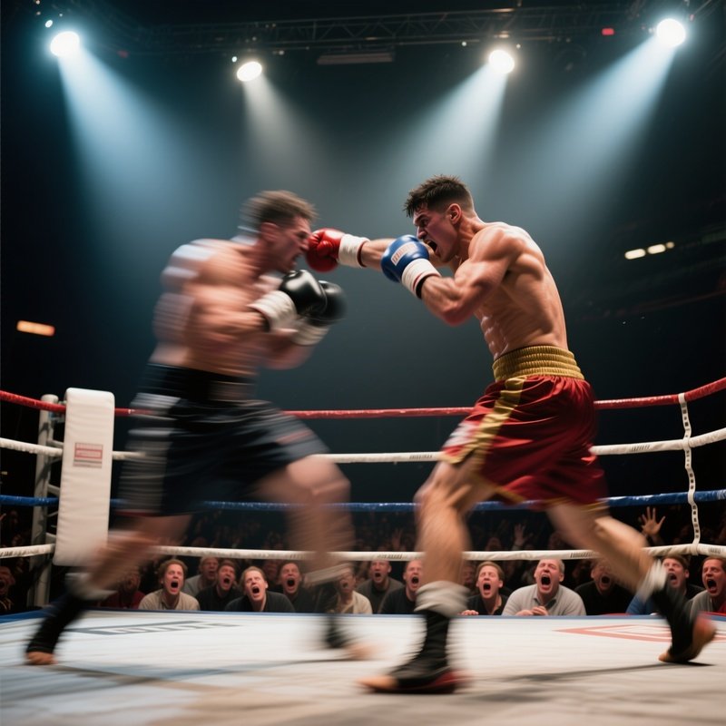 An Intense Boxing Ring Under Harsh Spotlights, Fighters Mid Punch Captured With Exaggerated Motion