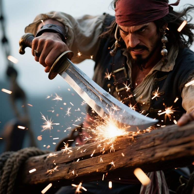 An Intense Close‑Up Of A Pirate'S Cutlass Striking A Wooden Plank, Sparks Flying, With The