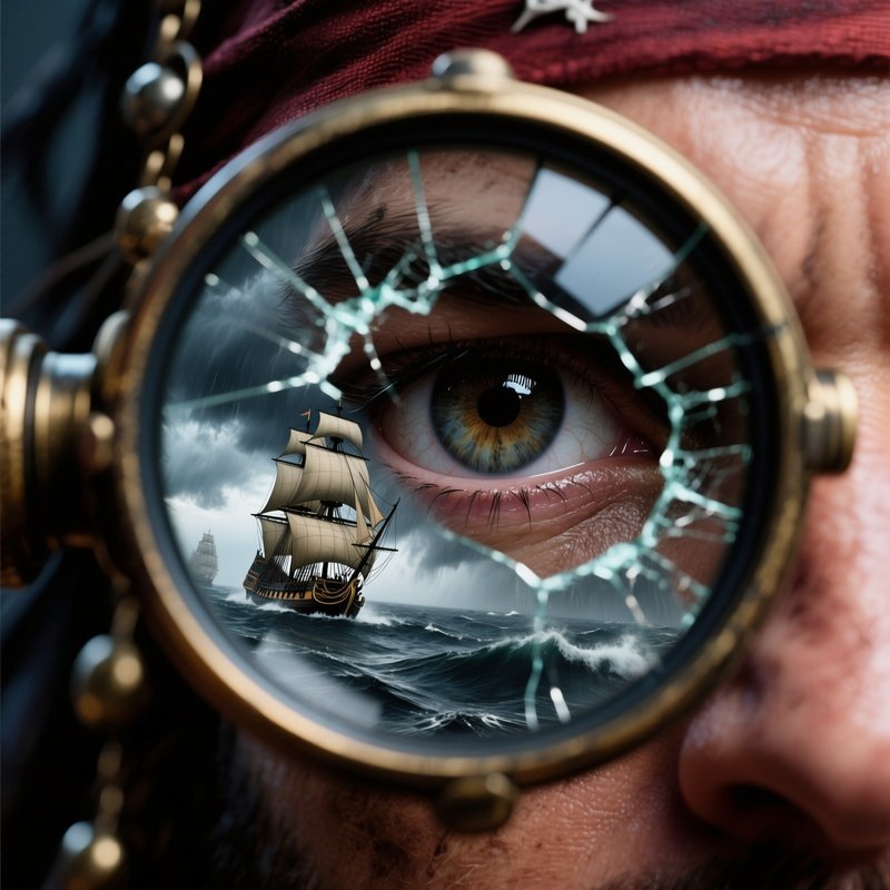 An Intense Close‑Up Of A Pirate'S Eye Behind A Cracked Spyglass, Reflecting A Stormy Sea And